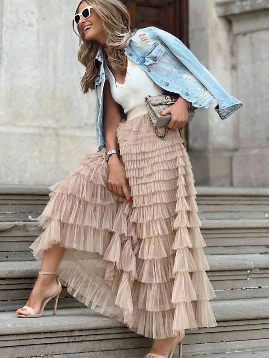 New Arrival French Style Long Skirt For Women, Elegant Solid Color High Waist Mesh Tulle Puff Skirt - Faldas Elegantes Para Mujer - Vacation Outfits Women - Skirts For Women 2026 - Womens Long Maxi Tulle Skirt A Line Ruffle Mesh High Waisted Tiered Layered Skirts Petticoat - 卡其色 - 查看 1