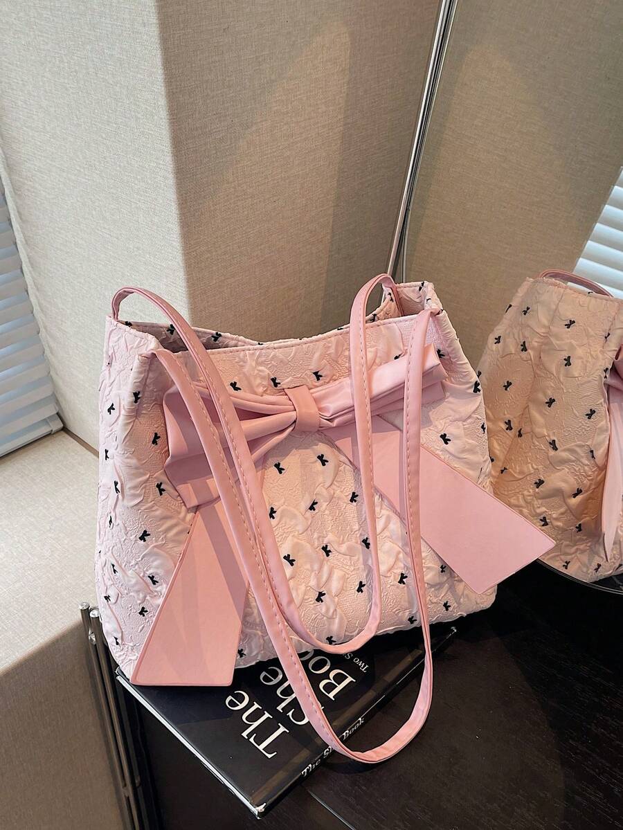 Tas Bahu Wanita Ringan Modis Kapasitas Besar dari Kulit PU Warna Polos dengan Hiasan Pita, Tas Tangan Wanita Elegan, Tas Warna Pink - Berwarna merah muda - View 1