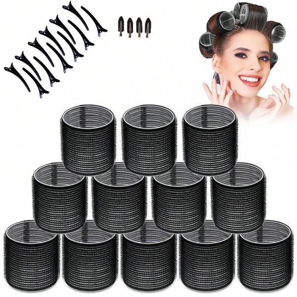 Bộ 28 que uốn tóc cỡ lớn, kèm kẹp, que uốn tự dính phù hợp cho tóc dài/trung bình/ngắn và tóc mái, dụng cụ uốn tóc DIY (Bao gồm 12 que uốn tóc cỡ lớn + 16 kẹp)