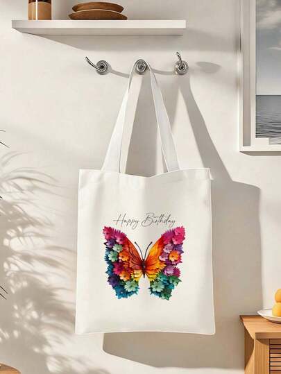 Happy Birthday Rainbow Floral & Butterfly Print Canvas Tote Bag. Durable And Fashionable, With Zipper Closure, An Ideal Gift For Mother's Day, Birthday Or Spring Semester. A Thoughtful Choice For Mom Or Best Friend. Can Be Used As A Shopping Bag, School Bag, Commuter Bag, Picnic Bag, Travel Organizer Or Knitting Tool Bag. Cute And Casual Style, Lightweight And Machine Washable. An Ideal Gift For Women's Accessory Enthusiasts And Knitting Hobbyists. Women's Tote Bag.