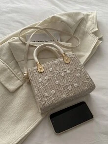 草编手提包 | 花卉图案沙滩托特包 | Y2K风格夏季度假单肩包/斜挎包，适合春夏季海滩休闲度假。优雅的草编手提包，休闲百搭，可装钱包、化妆品、手机、零钱包等。适合夏季海滩、度假、购物、摄影等场合。也是送给女友或母亲的绝佳节日礼物。 - 白色 - 查看 7