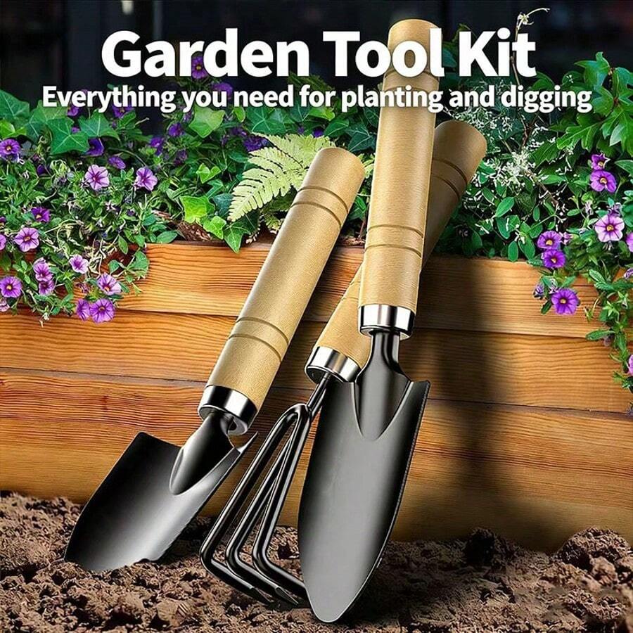 Bộ 3 dụng cụ làm vườn - Xẻng rộng bằng thép carbon dày + Xẻng hẹp + Cào 3 ngạnh, lớp phủ chống gỉ, tay cầm bằng gỗ chắc chắn chống trượt, thép tôi luyện thế hệ thứ 2, 1 bộ thay thế 10 dụng cụ! Thích hợp cho làm vườn tại nhà, trồng cây, xới đất, làm cỏ, trồng rau, tìm kho báu trên bãi biển, cắm trại. - Bộ dụng cụ làm vườn ba món - Xem 1
