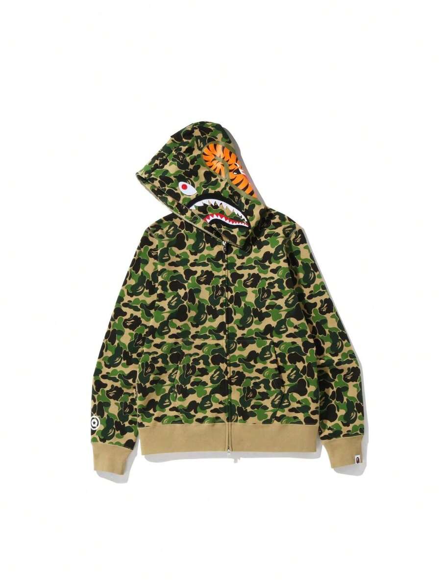 Bape A BATHING APE Shark Series Color Block Camouflage Zip-Up Hooded Sweatshirt For Men - 綠色 - 查看 1