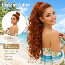 DClaw Clip Ponytail Extension 24 Inch Long Wavy Curly Pony Tails Ginger Clip In Hair Extensions Synthetic Hairpieces Fluffy Natural Looking For Women Copper Red - màu nâu - Xem 5