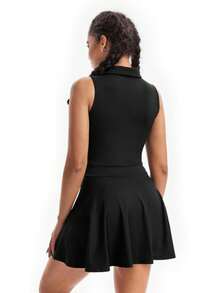 Plain Fitness Dress With Polo Collar And Built-In Shorts With Comfortable Pocket - Brown - View 2