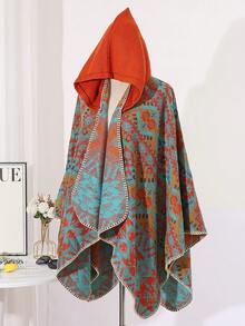 1pc Comfortable Geometric Color Block Jacquard Poncho Shawl - Multicolor - View 5