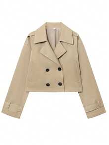 女士短款卡其色夹克，冬季外套，街头风外出上衣，秋季穿搭，双排扣优雅翻领时尚短款风衣，新款办公室优雅女士纯色外套，春季必备 - 卡其色 - 查看 4