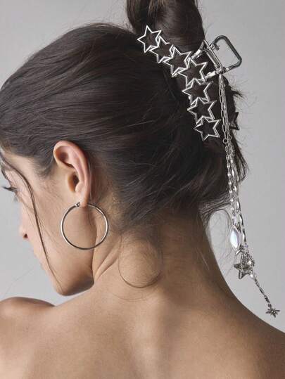 1PC Y2K Silver Star Shimmering Hair Clip With Star Tassel Pendant Sun Geometric Pendant Hair Claw Sweet Avant-Garde Hair Accessory Designed For Updo Styles Elegant Hair Clip Ideal For Banquets And Parties