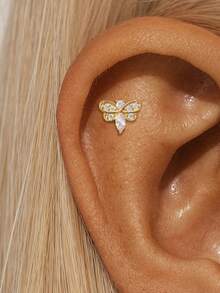 1Pc 925 Sterling Silver Cute Butterfly Cubic Zirconia Stud Earring Flat Back Cartilage Helix Piercing Suitable For Women'S Daily Wear, Parties, Wedding, And Banquet Occasions - Gold - View 9