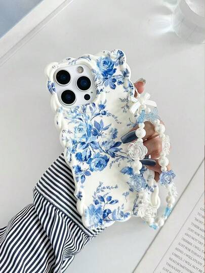 Floral Painted Braided Wave Edge Minimalist Elegant TPU Painted Shockproof Phone Case With Beaded Bracelet Accessory, Compatible With IPhone 17pro/17Air /17/17promax 16/11/16pro/16plus/16promax/16e/15Promax/13/14/12/XS/XR/7G/8PXR /7/8, 15Promax, 13, 14, 11, P12, X, 12/14