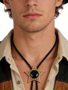 1件时尚百搭镂空五角星吊坠长项链，简约个性化黑黄树脂颈链，男女皆宜情侣礼物，日常配饰 - PU繩 - 查看 6