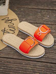 Women's Metal Buckle Faux Rope Sole Comfortable Lightweight Flat Sandals, Vacation Style Summer Daily Wear Beach Play Orange Slippers Plus Size - Orange Vertical Stripes - View 7