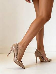 Zapatos de tacón alto de punta con tachuelas para mujer, zapatos planos de corte bajo de tacón fino elegante, zapatos versátiles de estilo socialite para fiestas y viajes al trabajo, zapatos planos versátiles de tacón fino adelgazante - Albaricoque - Ver 2