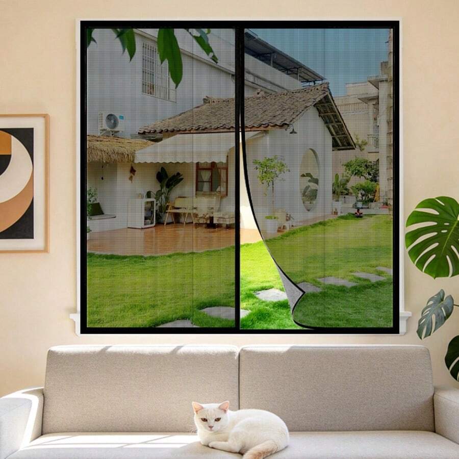 1pc Summer Magnetic Sheer Curtain, Fiberglass Mesh Black Mosquito Proof Breathable Sheer Curtain, Invisible Magnetic Screen Window Curtain, No Drill Home Use - Magnetic Glass Black Screen Window - View 1