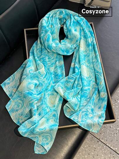 1pc Elegant Satin Patterned Printed Scarf, Women's Versatile Air-Conditioned Room Shawl, Lightweight Wrap For Spring/Autumn, Suitable For Daily Outfit And Outdoor Use
