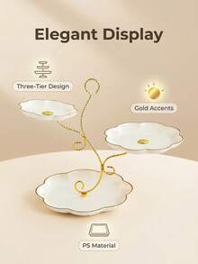 1 Set, Tree Branch Shaped Cake Stand Tray, 3-Tier European Style Fruit Plate Cake Stand, Plastic Snack Tray With Golden Rim For Afternoon Tea, Dessert Display - Multicolor - View 8