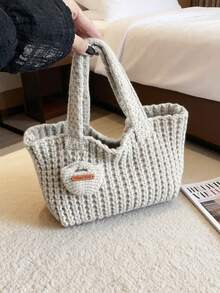 SIMUTINE 韩版编织春季手提包，女士新款时尚百搭简约腕包，针织纱线手提包，纱线材质，日常使用包，适合购物、通勤、工作、大学等场合 - 白色 - 查看 6