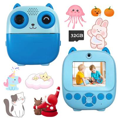 适合3-12岁儿童的即时打印相机，可即时打印照片并进行涂色，便携式设计，适合旅行、户外玩耍和家庭聚会，配有充电器和打印纸卷，兼容32GB存储卡，是理想的教育玩具礼物。