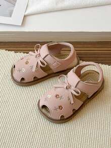 2026夏季新款软底女童花卉刺绣公主凉鞋，时尚沙滩鞋 - 粉色 - 查看 4