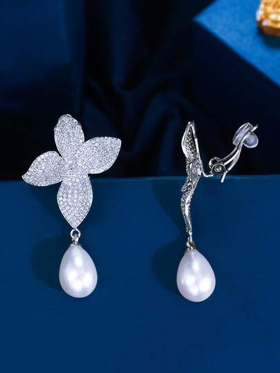 1 Pair Clip On Non-Pierced Flower & Pearl Dangle Drop Earrings, Silver Plated Cubic Zirconia, Bridal Jewelry For Wedding, Engagement, Banquet, Pageant, Prom, Gift For Brides, Bridesmaids, Ladies