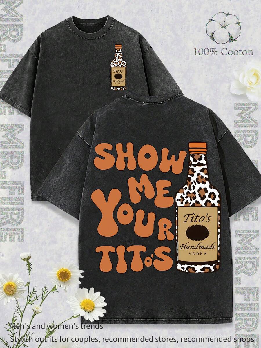 ShowME YOU TITO'S "Conjunto con eslogan divertido, estilo vintage y divertido. Camiseta con ilustración de botella de vodka de Tito's y estampado de leopardo. Conjunto de vodka hecho a mano de Tito's. Camisetas estampadas para mujer, camisetas con estampados divertidos, camisetas estampadas para hombre y camisetas 100 % algodón, diseñadas específicamente para jóvenes y amantes de la moda. Ideales para ropa informal y estilo urbano. Un regalo excelente para amigos y familiares. - Negro - Ver 1