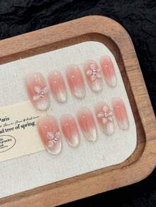 10片手工椭圆形亚克力美甲贴片，中号，柔和粉色，闪亮猫眼，闪粉边缘，手绘3D雕刻浮雕花朵，简约时尚优雅，适合春季、夏季、节日、派对、日常、约会、海滩、热带度假等场合，DIY美甲，适合女性和女孩作为礼物，美甲用品，手工美甲贴片 - 粉色 - 查看 8