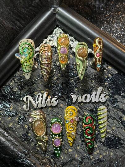 10pcs Stiletto Acrylic Nail Kit, Green&Yellow Nails, Champagne&Purple Cat Eyes, 3D Spiral Patterns, 3D Flowing Gold Stripes, Paired With Rhinestone Design, Three-Dimensional Butterflies, And Other Nail Accessory Accessories, Y2K Style Nail Art Set,Very Suitable For Women And Girls To Attend Theme Parties&Party&Ceremonies&Valentine's Day Use (Including One Piece Of Jelly Glue And One Friction Strip) Nail Stuf