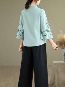 LUCIDVUE 1 chiếc áo kiểu Trung Quốc thêu dành cho nữ, trang phục mùa xuân/hè, họa tiết thêu tinh xảo kiểu Trung Quốc cổ điển, cổ tàu, cài cúc phía trước, áo sơ mi vải lanh, tay áo loe thanh lịch, kiểu Hanfu cải tiến, thích hợp cho tiệc trà, kỳ nghỉ. - Màu xanh bạc hà - Xem 5