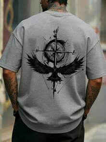 Krometka 男士休闲百搭鹰罗盘图案印花短袖T恤 - 灰色 - 查看 1
