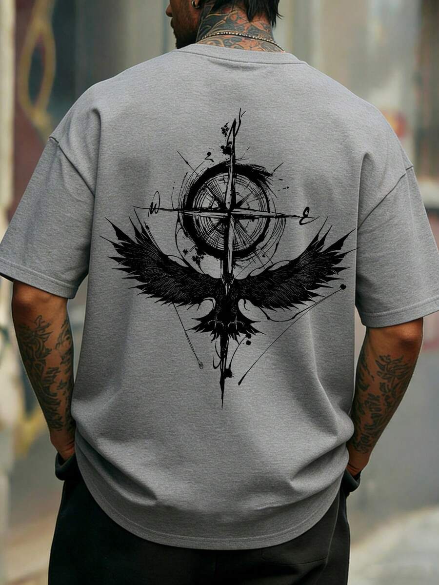Krometka 男士休闲百搭鹰罗盘图案印花短袖T恤 - 灰色 - 查看 1