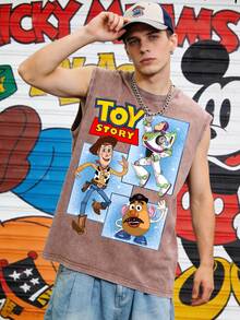 Disney Toy Story Character Grid 230GSM Vintage Washed Streetwear Tank Top, Casual Tank Top - Màu cà phê - Xem 1