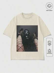 Summer TopsHalloween Retro Washed T-Shirt Scream Ghostface Heart Hands Graphic Tees Water Washing Print T-Shirt, Vintage T-Shirt,Short Sleeves Crew Ne - 杏色 - 查看 1
