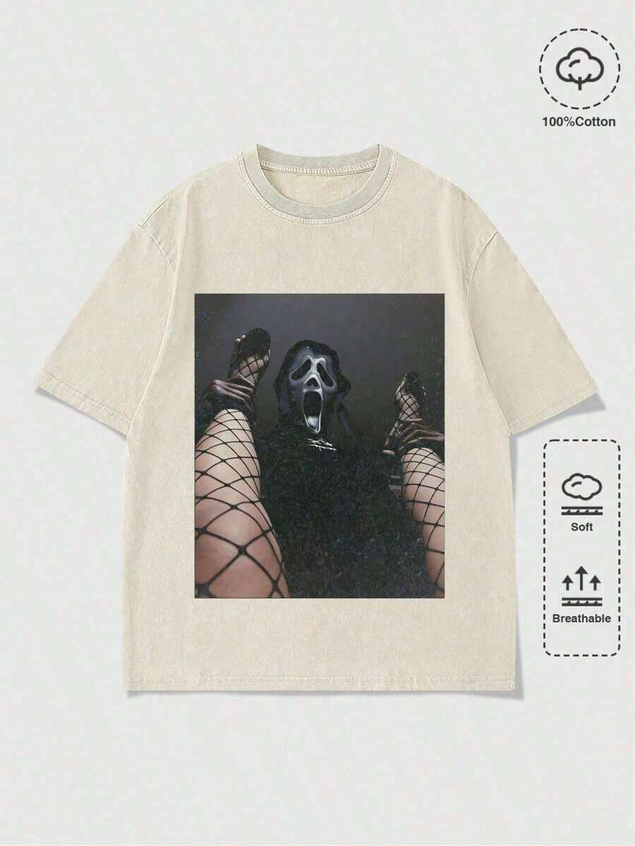 Summer TopsHalloween Retro Washed T-Shirt Scream Ghostface Heart Hands Graphic Tees Water Washing Print T-Shirt, Vintage T-Shirt,Short Sleeves Crew Ne - 杏色 - 查看 1