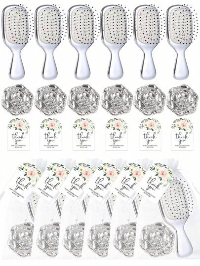 Brodark Silver Valentine's Day Rose Folding Mirror, Air Cushion Comb, White Drawstring Bag And Thank You Card, Suitable For Bridal Party Wedding Favors, Bachelor/Bachelorette Party Overnight Gifts, Birthday, Anniversary, Party Favors, Creative Gifts For Family, Friends, Girlfriend, Mom, Mother's Day, Back To School