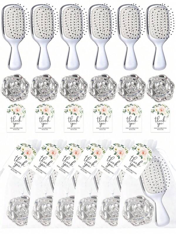 Brodark 银色情人节玫瑰折叠镜、气垫梳、白色束口袋和感谢卡，适合作为新娘伴娘伴手礼、单身派对过夜礼物、生日礼物、周年纪念礼物、派对礼物、创意礼物，送给家人、朋友、女友、妈妈、母亲节礼物、返校礼物。