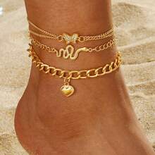 VKME 3PCS Metal Material Butterfly, Heart, And Snake Pendant Anklet Set - Yellow Gold - View 9