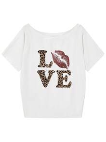 Women's Casual Off-Shoulder T-Shirt With Love And Kiss Graphic, Short Sleeve, Stretchy Polyester Fabric, Regular Fit - White - View 4