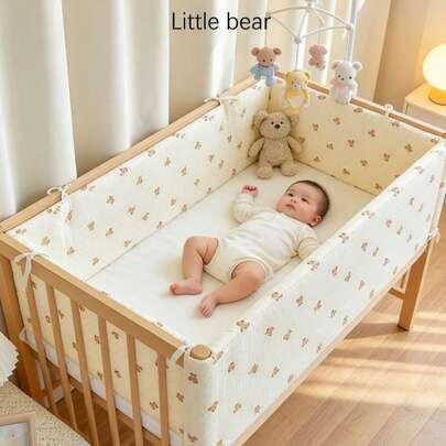 1件装褶皱纱布婴儿床围，柔软防撞，一体式床罩，婴儿防撞垫，儿童拼接床栏护栏布，婴儿防撞条，婴儿床护栏和床围布套，婴儿房装饰，卡通图案系带设计，固定防滑床围