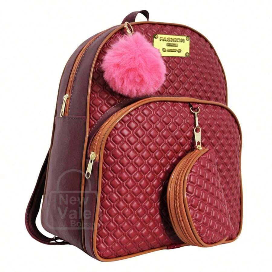 Women's Backpack, Reinforced Small Backpack With Beautiful Exclusive Coin Purse + Pompom Keychain - Burgundy - View 1