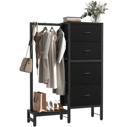Dresser With Hanging Rack, 4 Drawers Small Closet For Bedroom, Reversible Fabric Kids Chest Of Drawers With Clothes Rack, Tall Storage Tower, Sturdy Frame - Black