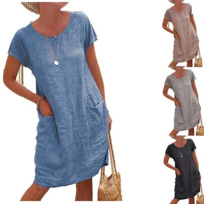 2020 Best-Selling Summer Loose-Fitting Solid Color Pocket Short-Sleeve Round-Neck Cotton-Linen Dress Women