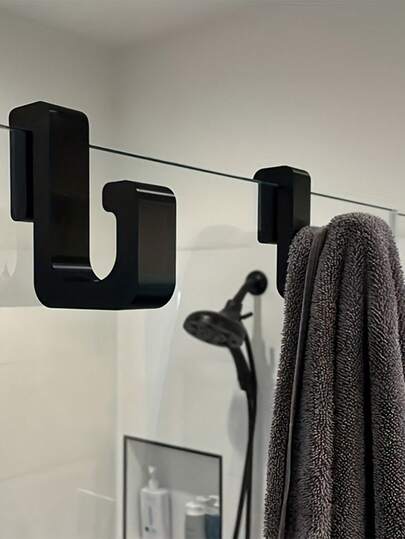 4个装重型浴帘挂钩，无需钻孔，黑白两色，浴室挂钩，浴帘挂钩，塑料壁挂式挂钩，可用于悬挂毛巾、衣物 - 玻璃门收纳架，兼容玻璃隔断，适用于浴室装饰，浴室配件，房间装饰
