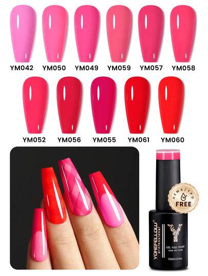 YOKEFELLOW TPO-Free & HEMA-Free Gel Nail Polish 10ml Hot Pink Shades High Glossy Spring Summer Nails Soak Off UV LED For Nail Art Salon DIY At Home For Women Girls Gift