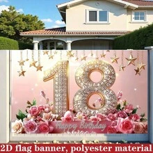 1 pièce Toile de fond pour anniversaire, design de fond avec étoiles, fleurs et texte "Joyeux anniversaire 18", impression haute définition sur tissu en polyester, convient pour les fêtes d'anniversaire, les cours, la décoration murale de la maison et les fournitures de fond photographique - A - Voir 8