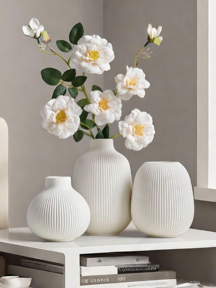 1个白色陶瓷花瓶，大号现代简约纹理桌面装饰花瓶，适用于卧室、客厅、办公桌，家居礼品（女士）。 - 彩色 - 查看 1