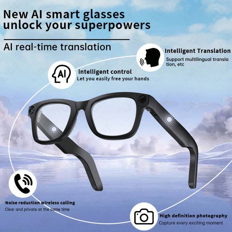 LIGE Smart Glasses 300mAh Battery AI Voice Assistant / Photo Capture / Video Recording / Audio Recording / Music Control / Calls / Notification Alarms / Status Indicator Lights / AI Translation / Smart Object Recognition / Touch Controls / Music Playback (Music Control, Local Music) Multi-Functional Fashion Smart Glasses - View 1