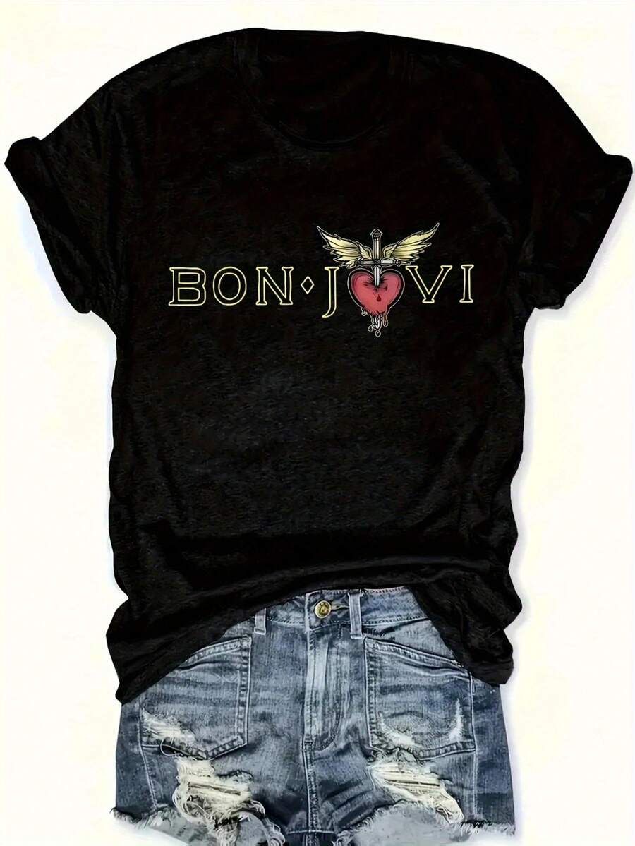 Women's Round Neck Fitted-Shirt - Vintage-Shirt With Red Heart Wings Pattern, Soft Everyday Shirt, Suitable Concerts, Parties, And Casual Wear - Washable Breathable Top. Daily Outfits Men And Women - Suitable Daily Wear, Vacation, Party - Black - View 1