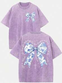 2026 Summer Clothes(230g T-Shirt) Oversized Washed Cotton "Faith Over Fear" Floral Graphic Christian T-Shirt, Casual Soft Short Sleeve, Breathable Ret - 紫色 - 查看 1