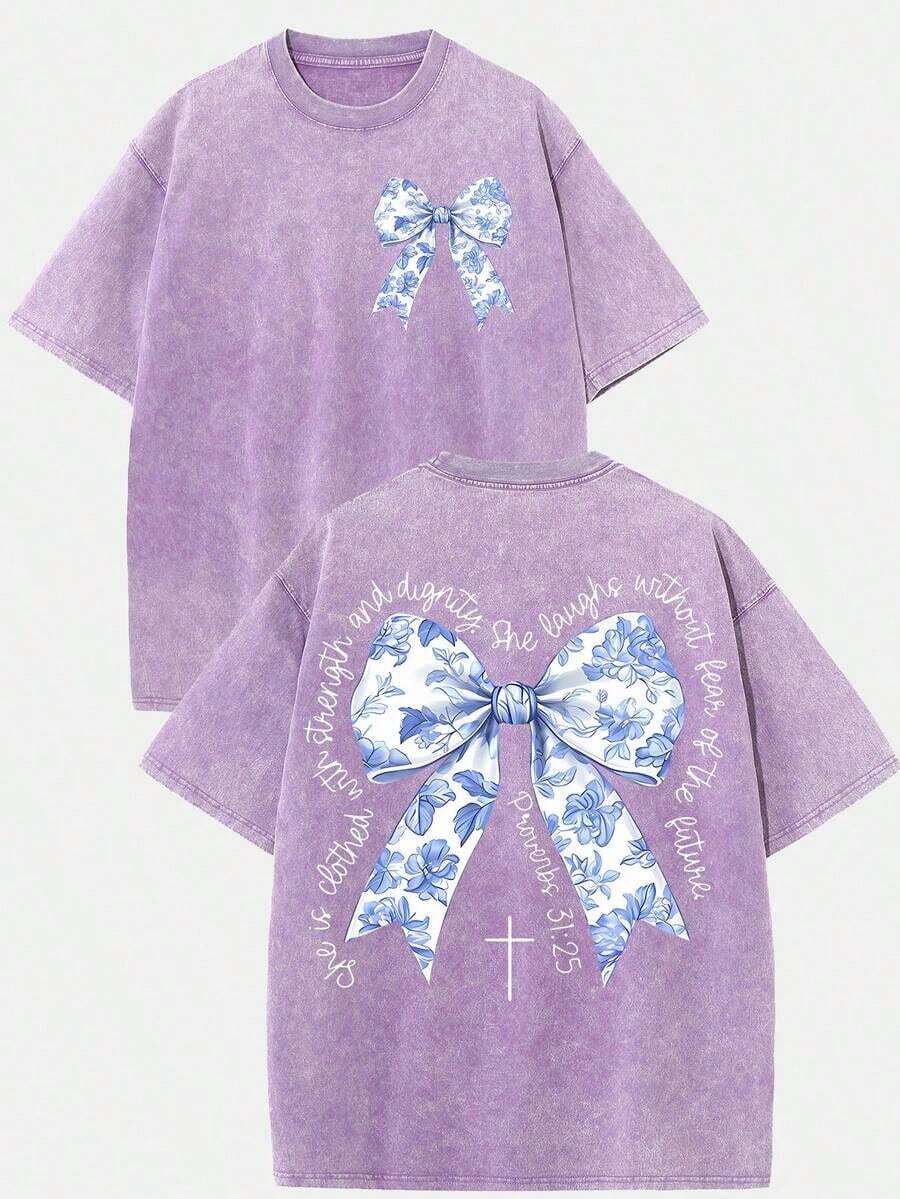 2026 Summer Clothes(230g T-Shirt) Oversized Washed Cotton "Faith Over Fear" Floral Graphic Christian T-Shirt, Casual Soft Short Sleeve, Breathable Ret - 紫色 - 查看 1