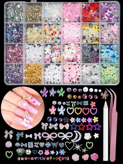 24 格美甲装饰套装，包含各种美甲饰品和宝石，平底 AB 美甲水钻和珍珠，Y2K 美甲饰品，3D 夏威夷花朵美甲饰品，美甲设计用品